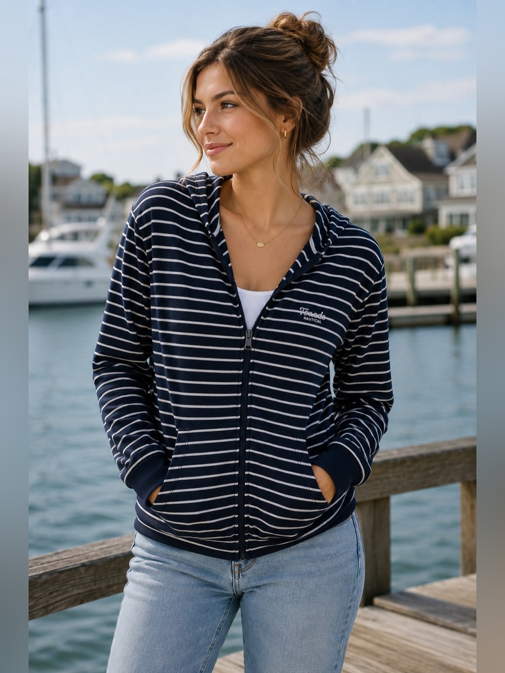 Tocade Navy and White Striped Zip-Up Hoodie Size L Coastal Nautical Lightweight